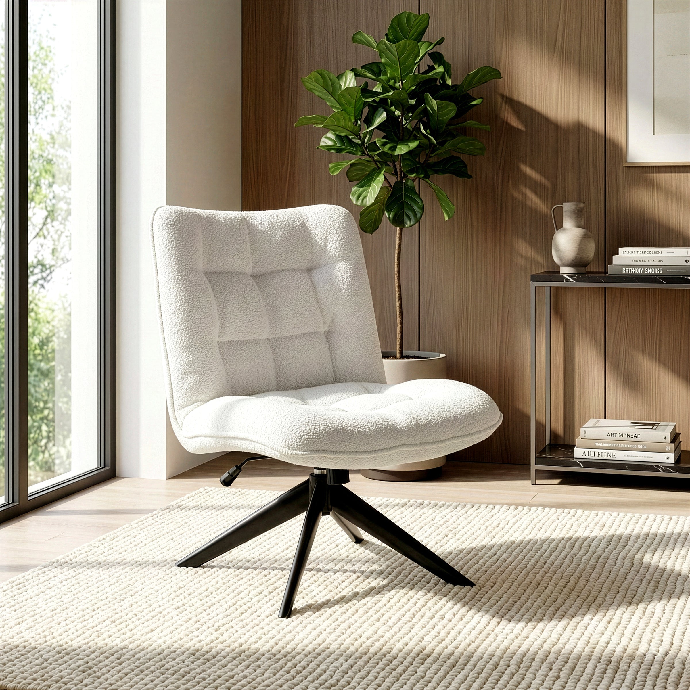 Belva White Boucle Upholstered Fabric Accent Chair with Black Metal Swivel Legs