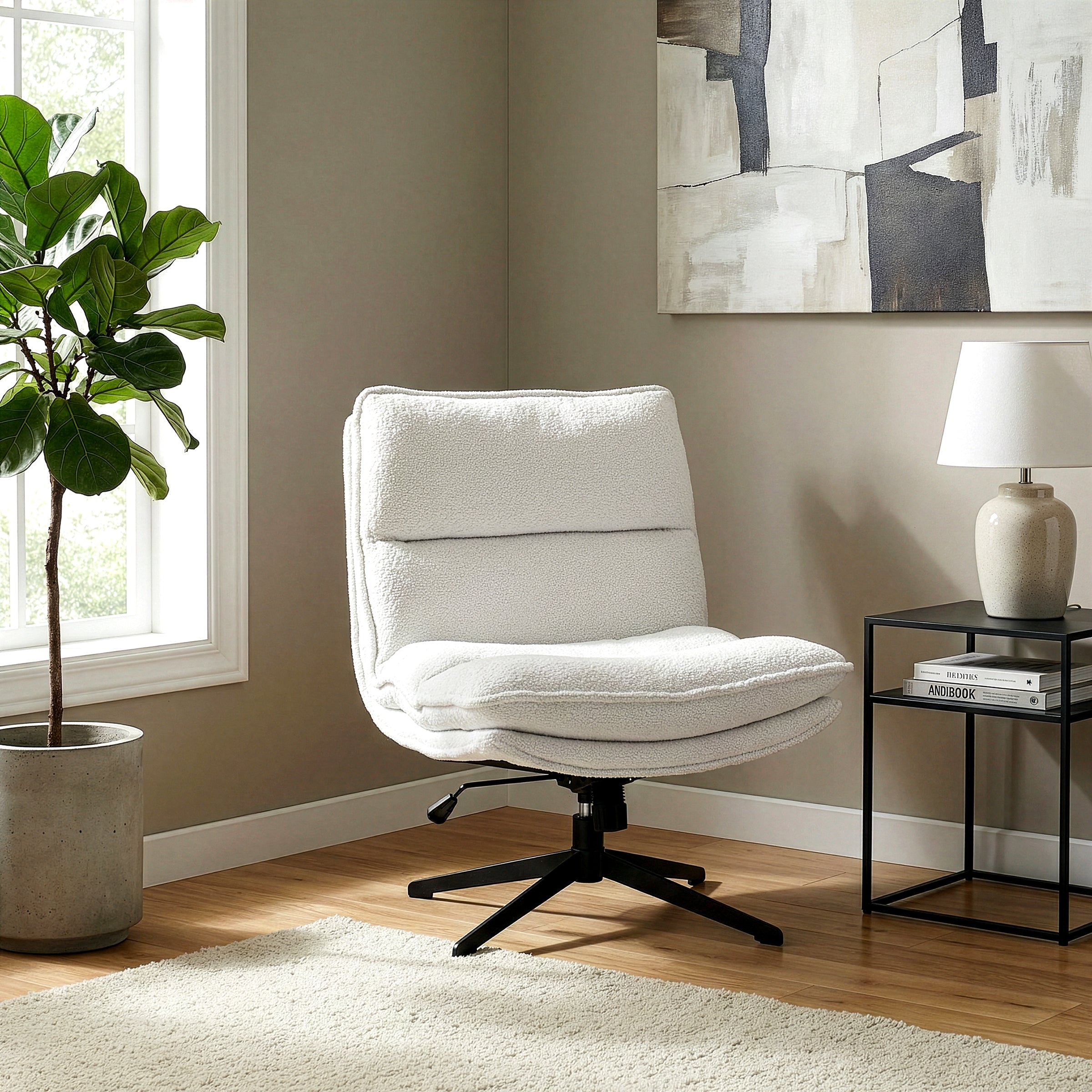 Benecia White Boucle Upholstered Fabric Accent Chair with Black Metal Swivel Legs