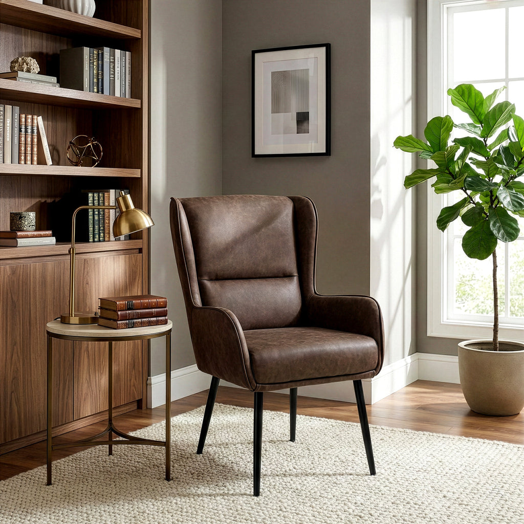 Benning Brown Vintage Faux Leather Accent Chair with Black Iron Legs
