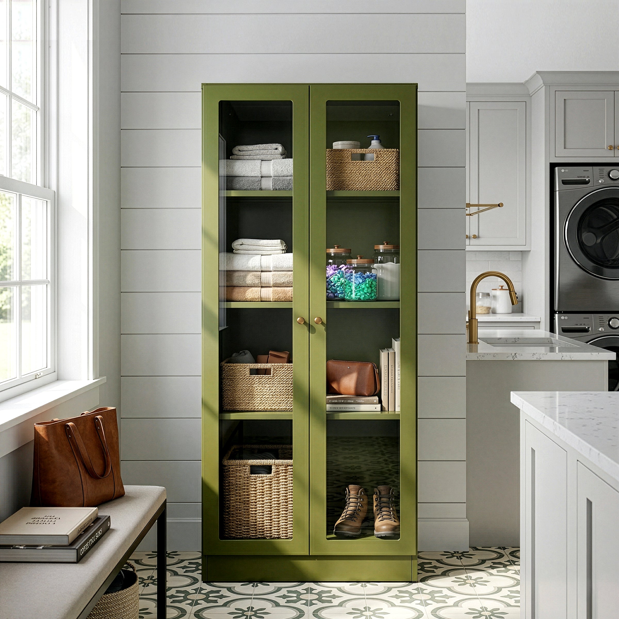 Avice 59-inch Dark Green French Door Metal Cabinet