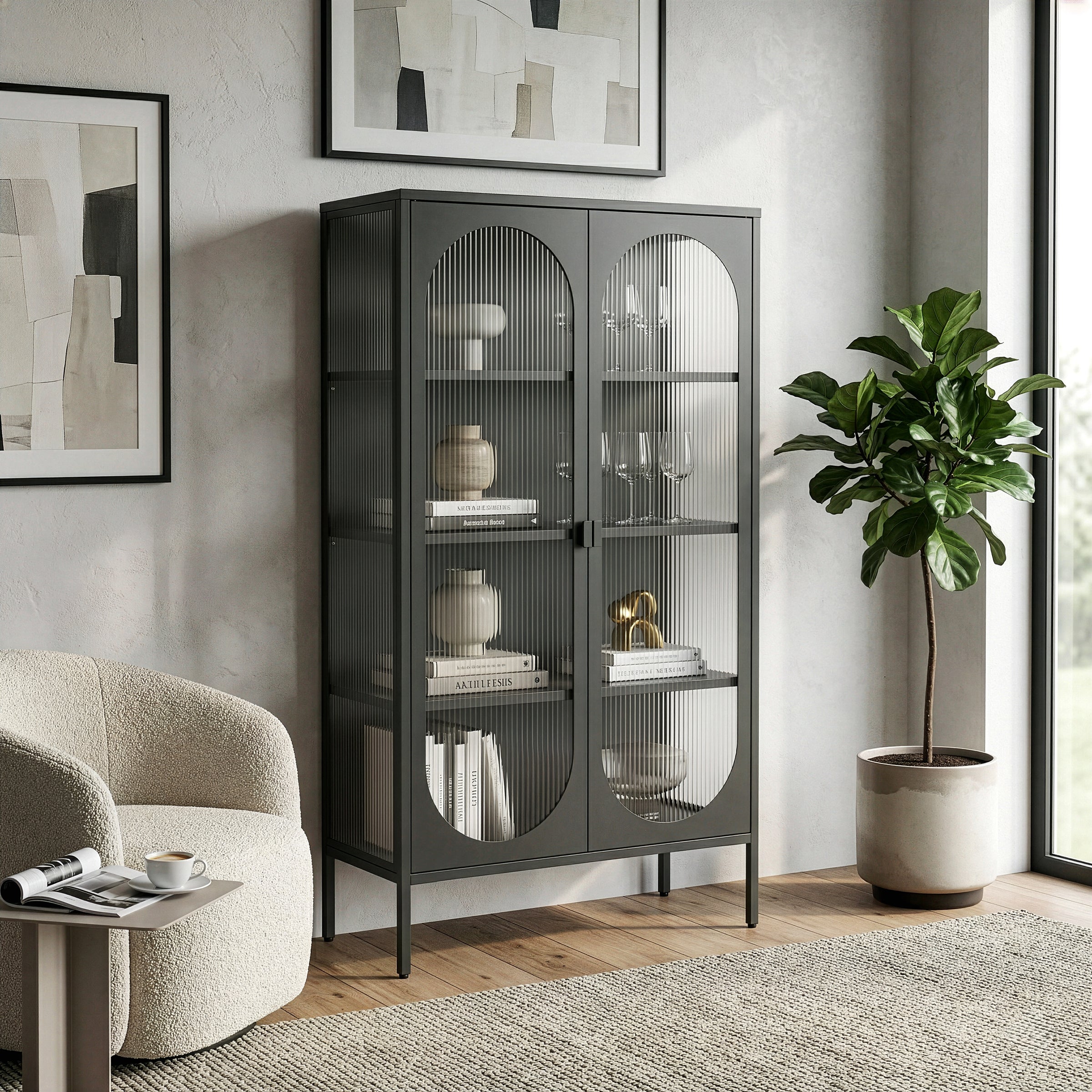 Benoît 70.87-inch Black Two Door Storage Cabinet with Fluted Clear Doors