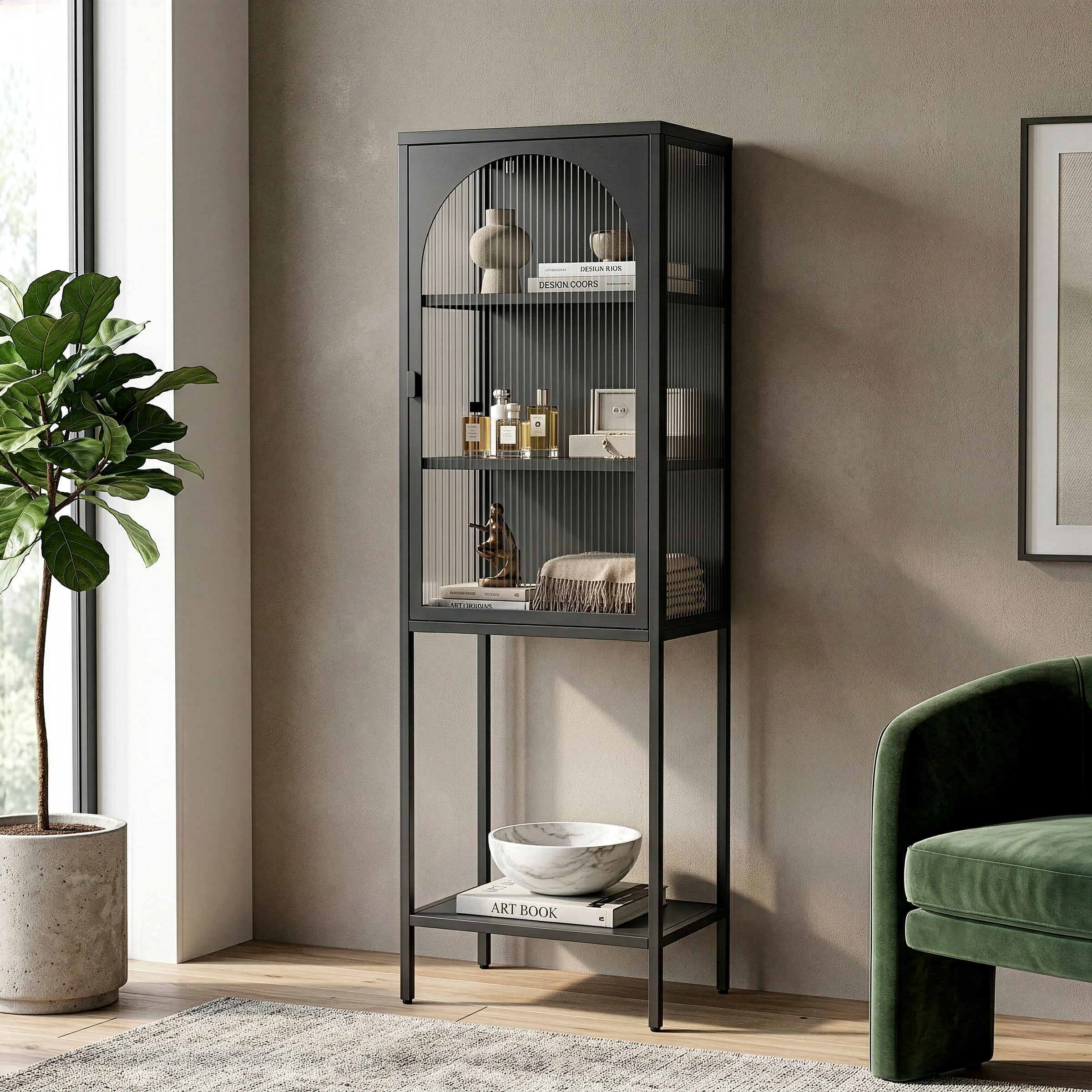 Benoît 62.99-inch Black One Door Storage Cabinet with Fluted Clear Door