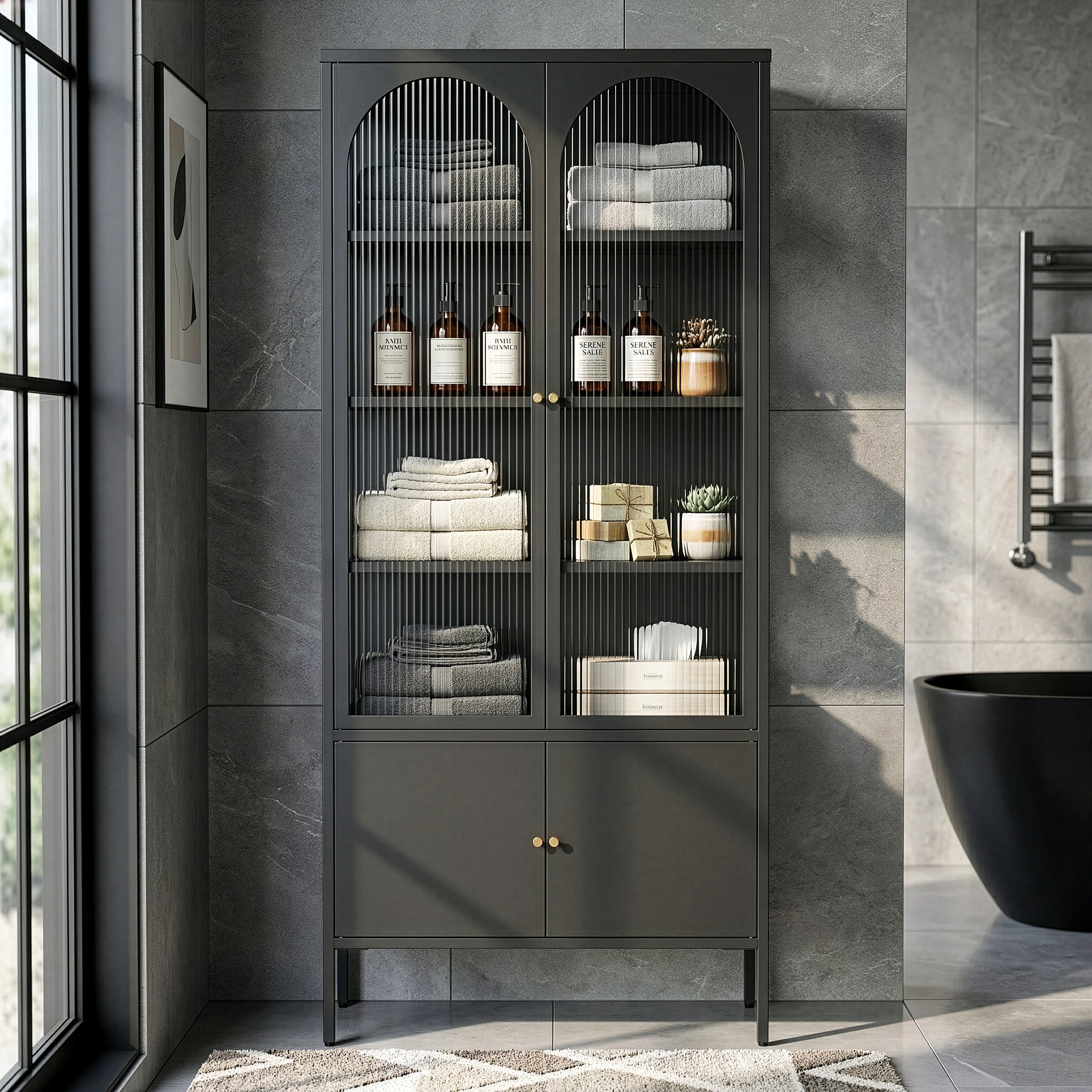 Benton 70.94-inch Black Four Door Storage Cabinet with Fluted Clear Doors