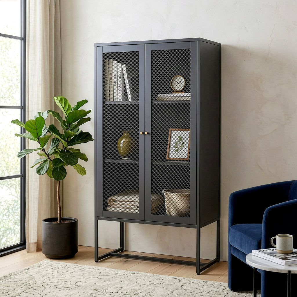 Bentley 59.11-inch Black Two Door Storage Cabinet with Mesh Doors