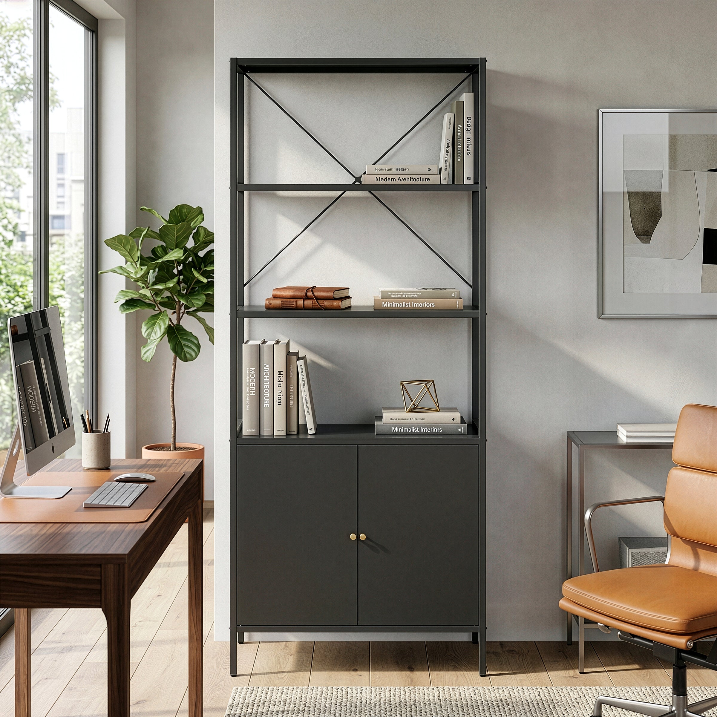 Benson 71.25-inch Black Two Door Storage Cabinet with Open and Closed Shelving