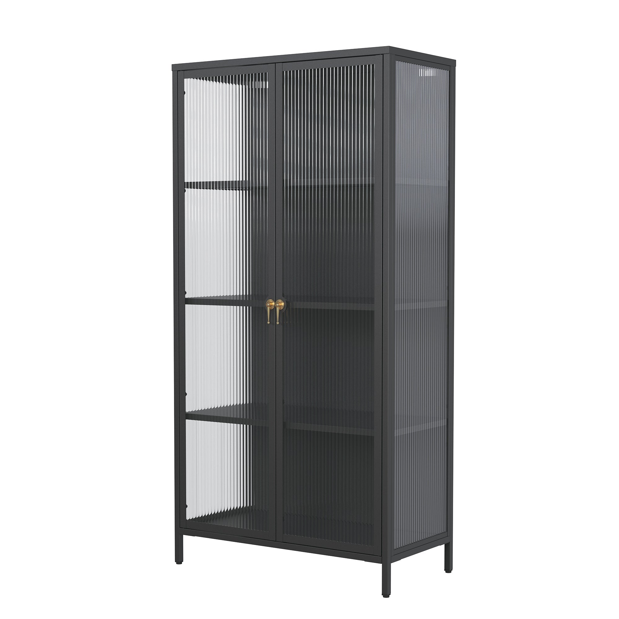 Benoite 63.05-inch Black Two Door Storage Cabinet with Fluted Clear Doors and Gold Handles