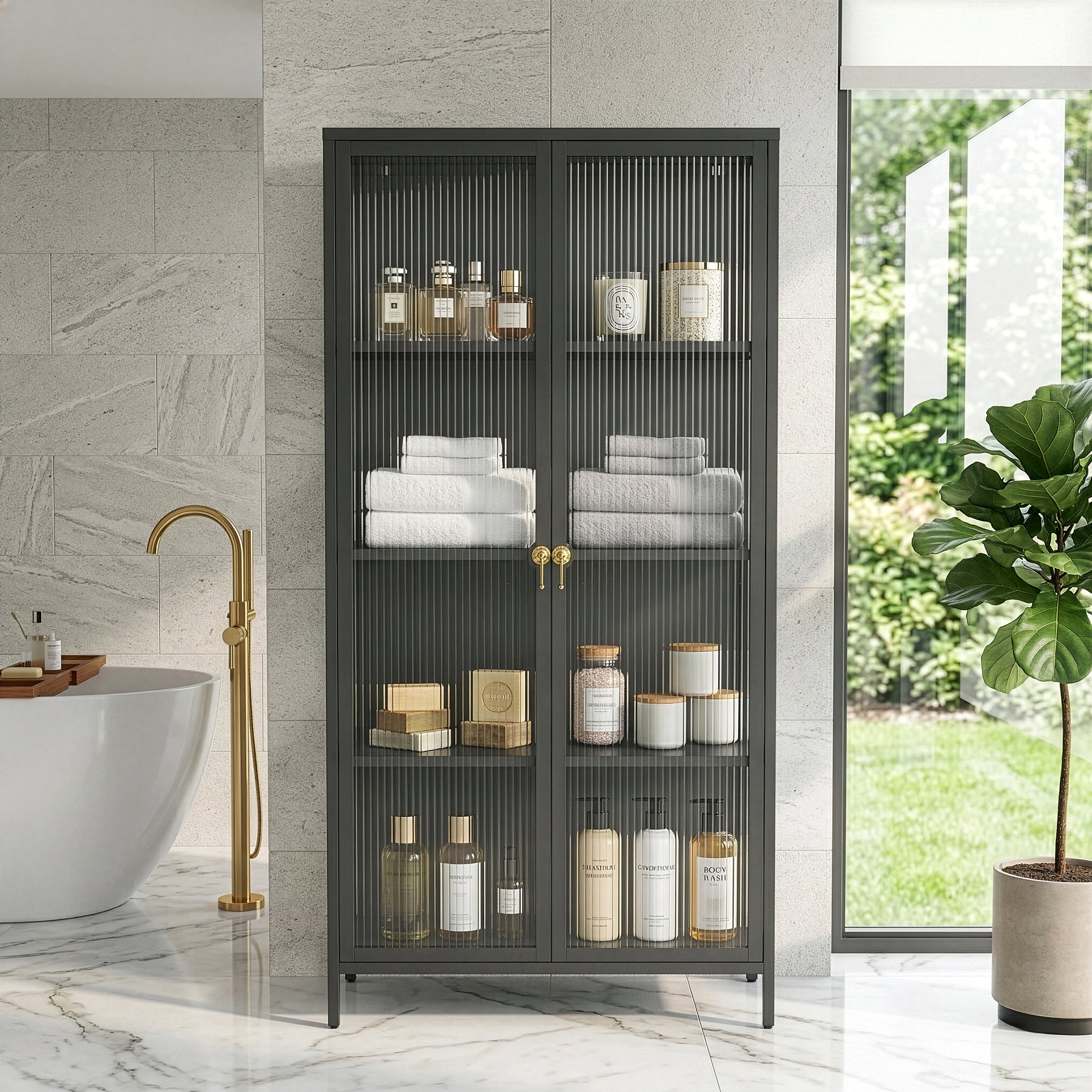 Benoite 63.05-inch Black Two Door Storage Cabinet with Fluted Clear Doors and Gold Handles