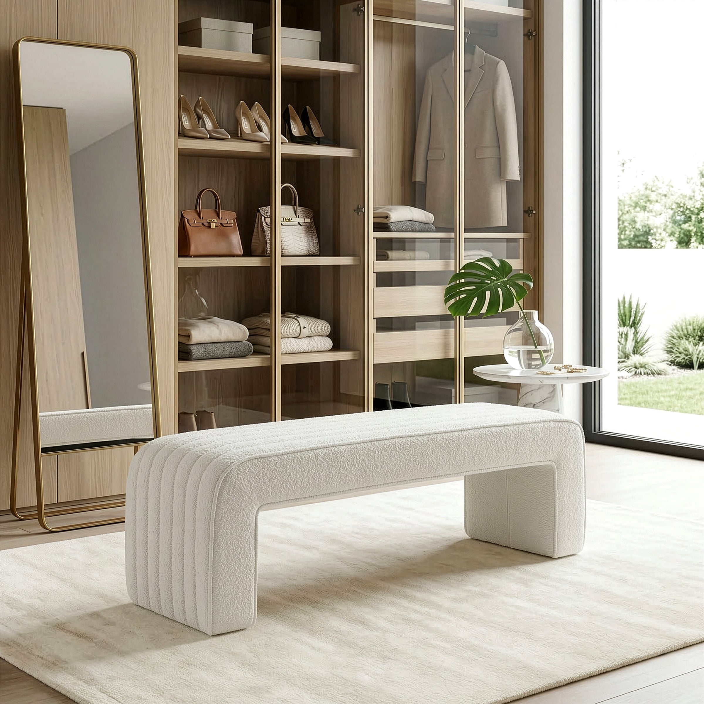 Benicia White Boucle Upholstered Fabric Tufted Bench