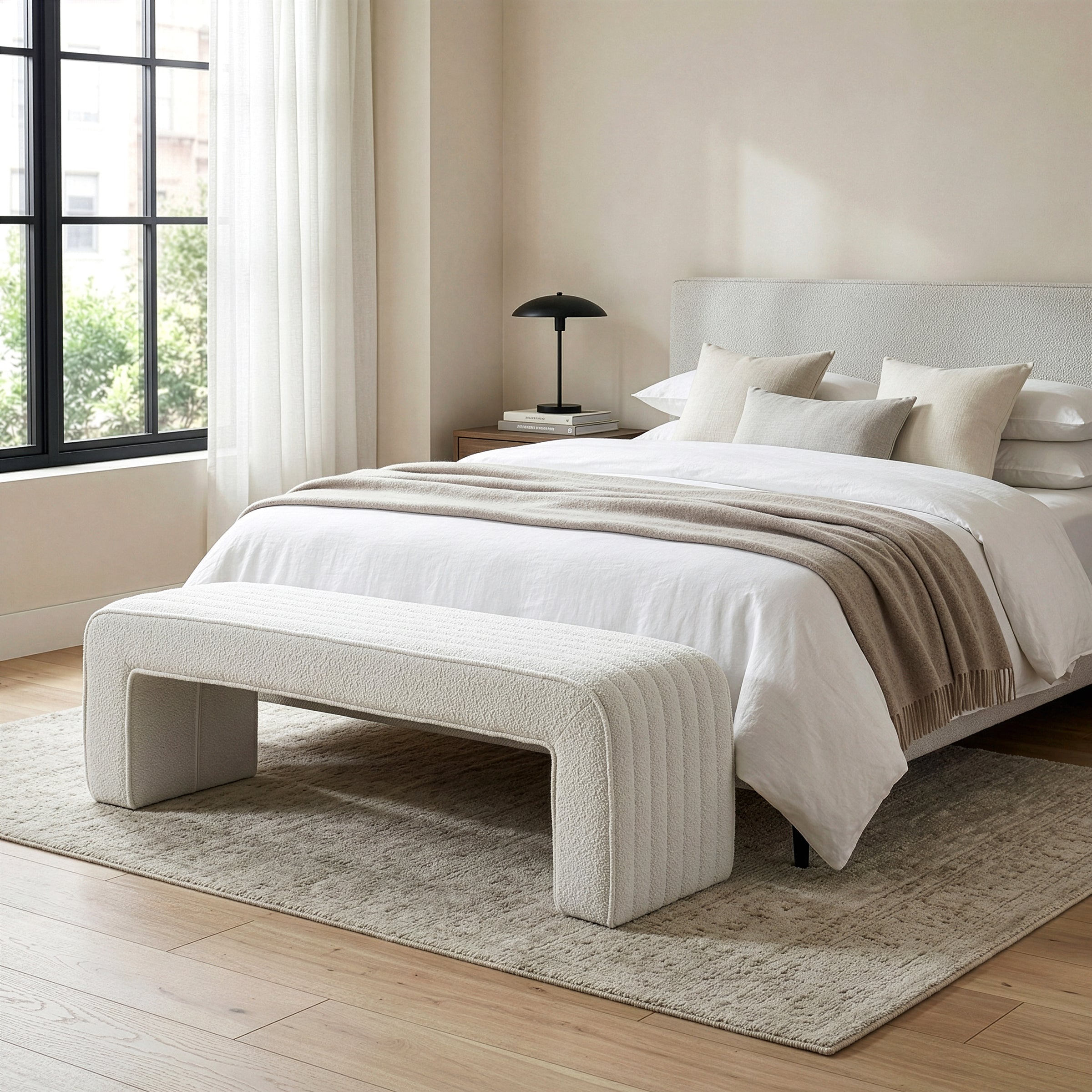 Benicia White Boucle Upholstered Fabric Tufted Bench