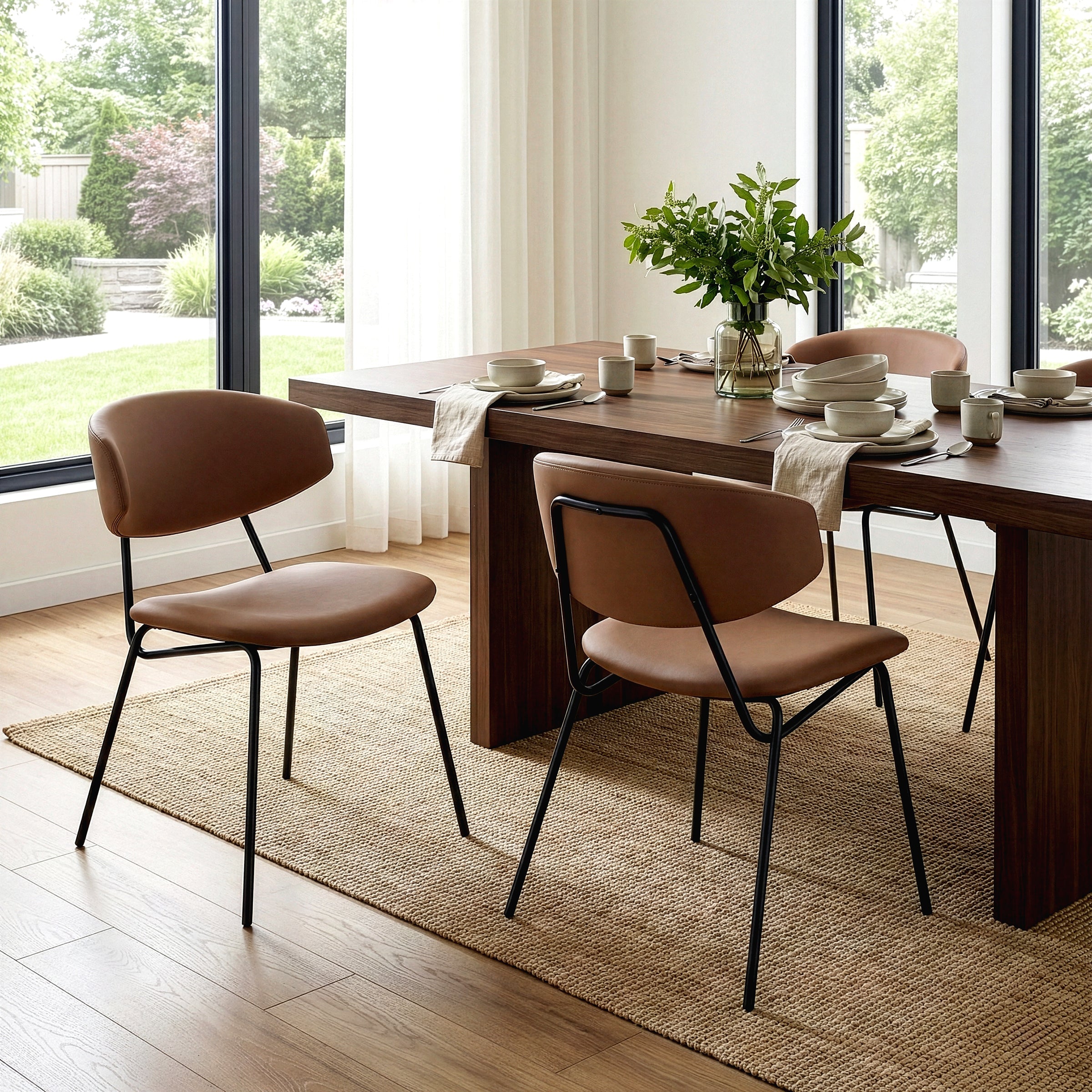 Set of 2 Benito Brown Faux Leather Dining Chair with Black Iron Legs