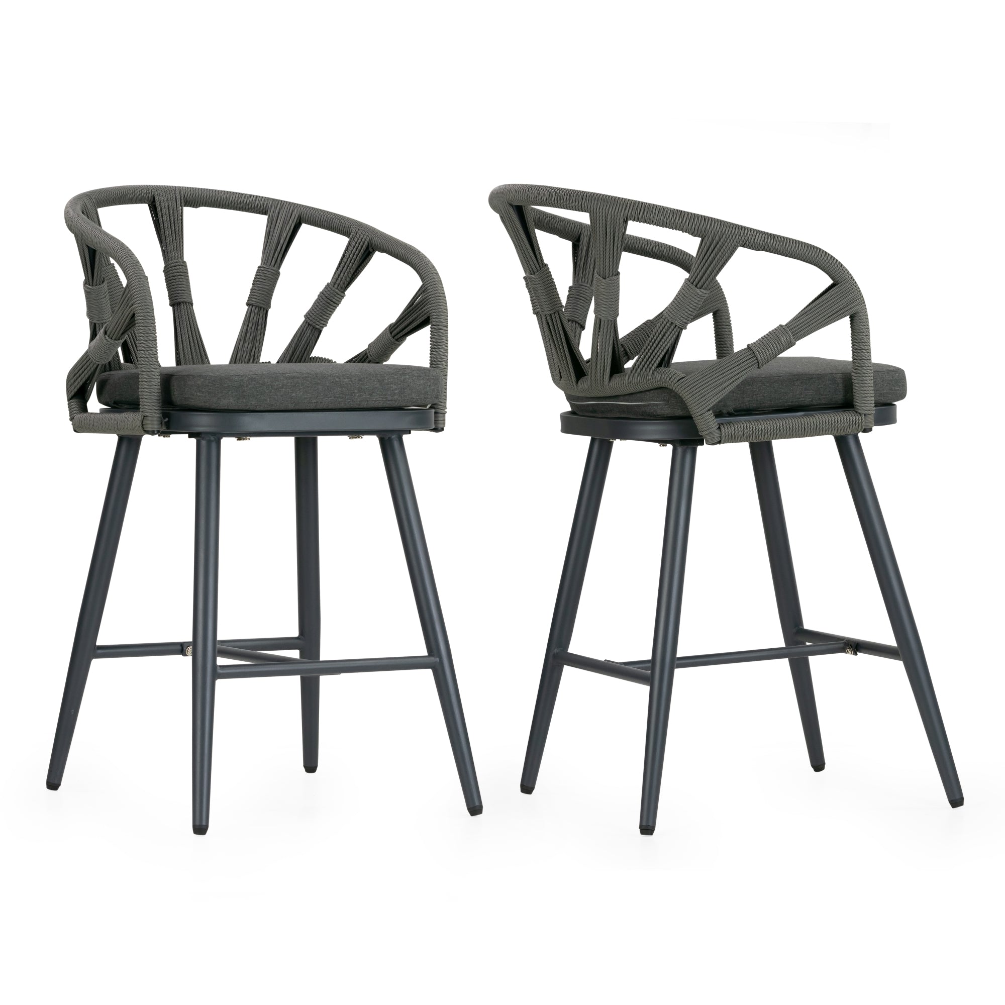 Set of 2 Birre Grey Outdoor Counter Height Stool with Hand-Woven Back