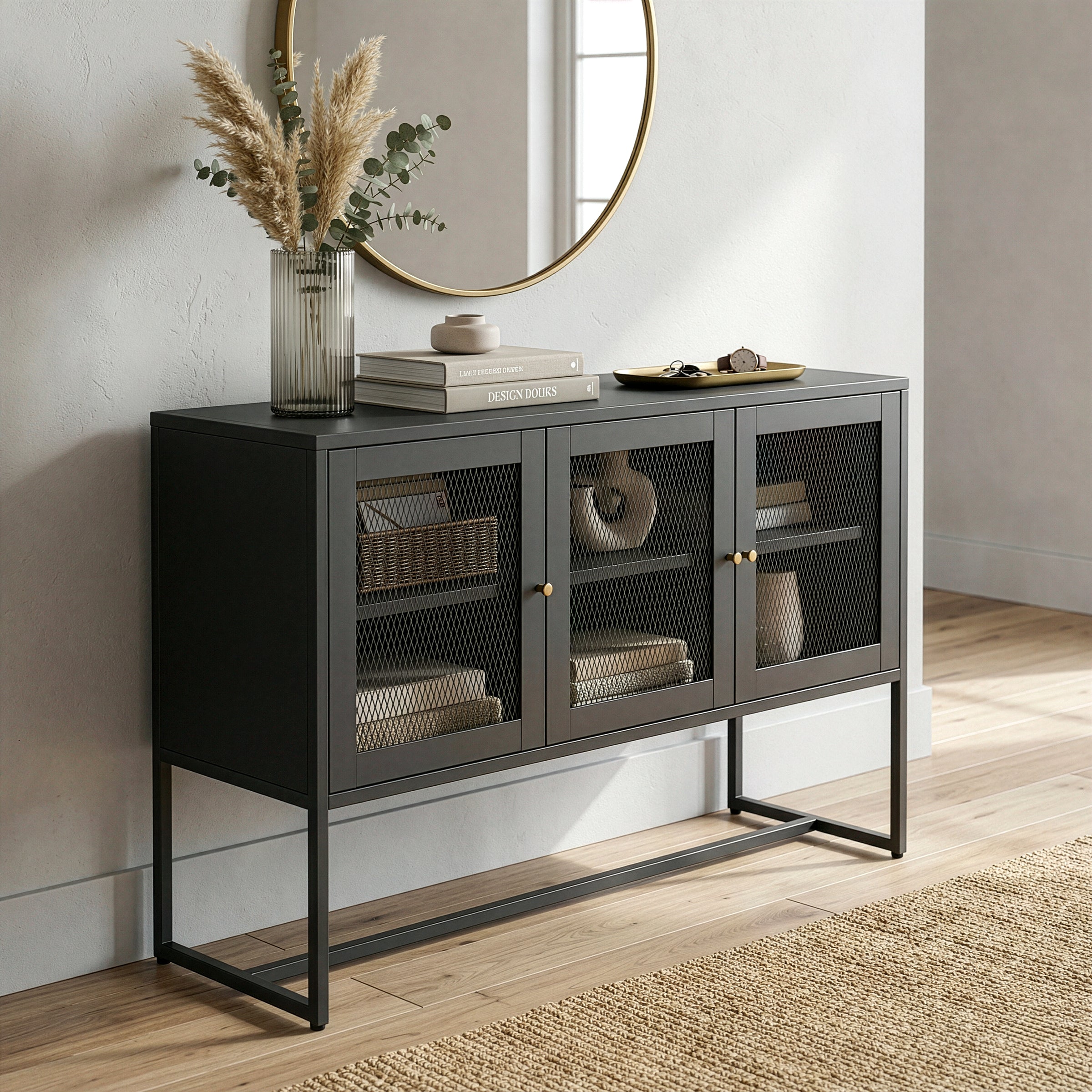 Bentley 31.56-inch Black Three Door Sideboard with Mesh Doors
