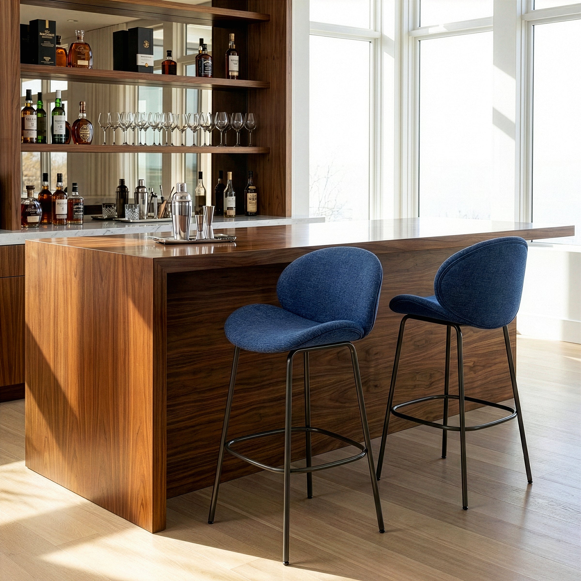 Set of 2 Benedetta Blue Linen Upholstered Fabric Bar Stool with Black Iron Legs