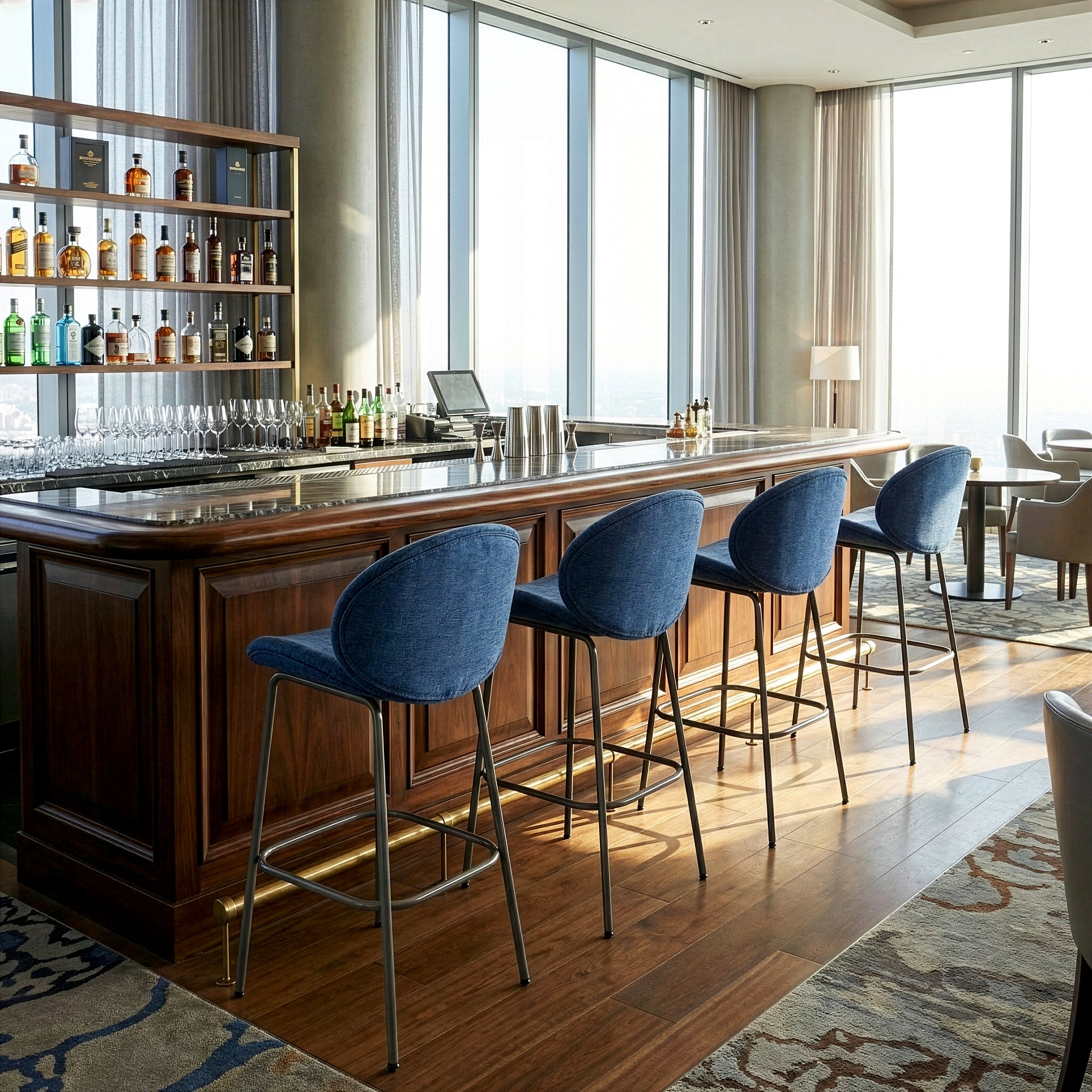 Set of 2 Benedetta Blue Linen Upholstered Fabric Bar Stool with Black Iron Legs