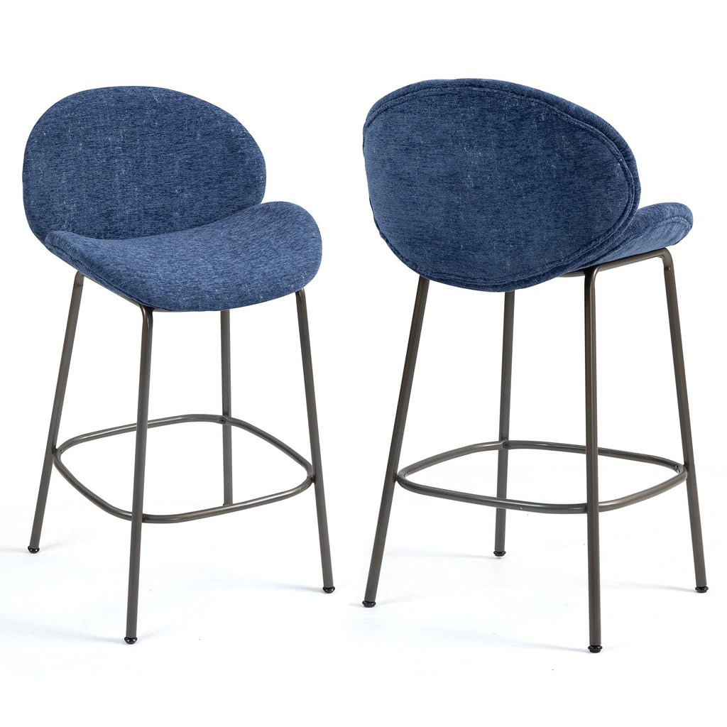 Set of 2 Benedetta Blue Linen Upholstered Fabric Counter Stool with Black Iron Legs