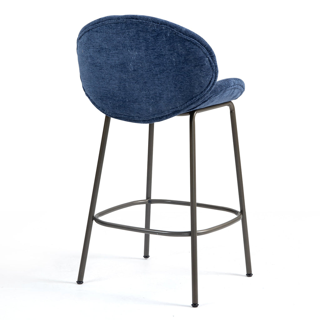 Set of 2 Benedetta Blue Linen Upholstered Fabric Counter Stool with Black Iron Legs