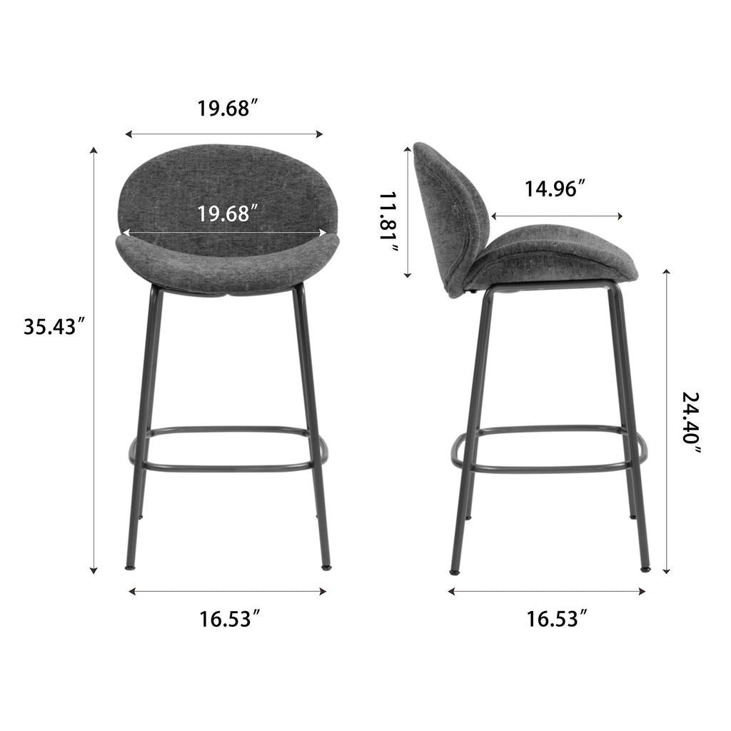 Set of 2 Benedetta Blue Linen Upholstered Fabric Counter Stool with Black Iron Legs