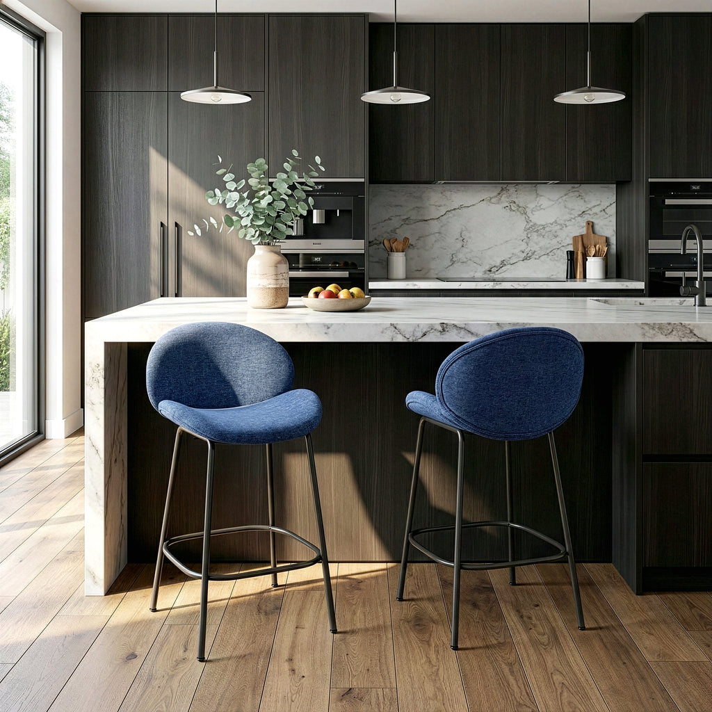 Set of 2 Benedetta Blue Linen Upholstered Fabric Counter Stool with Black Iron Legs