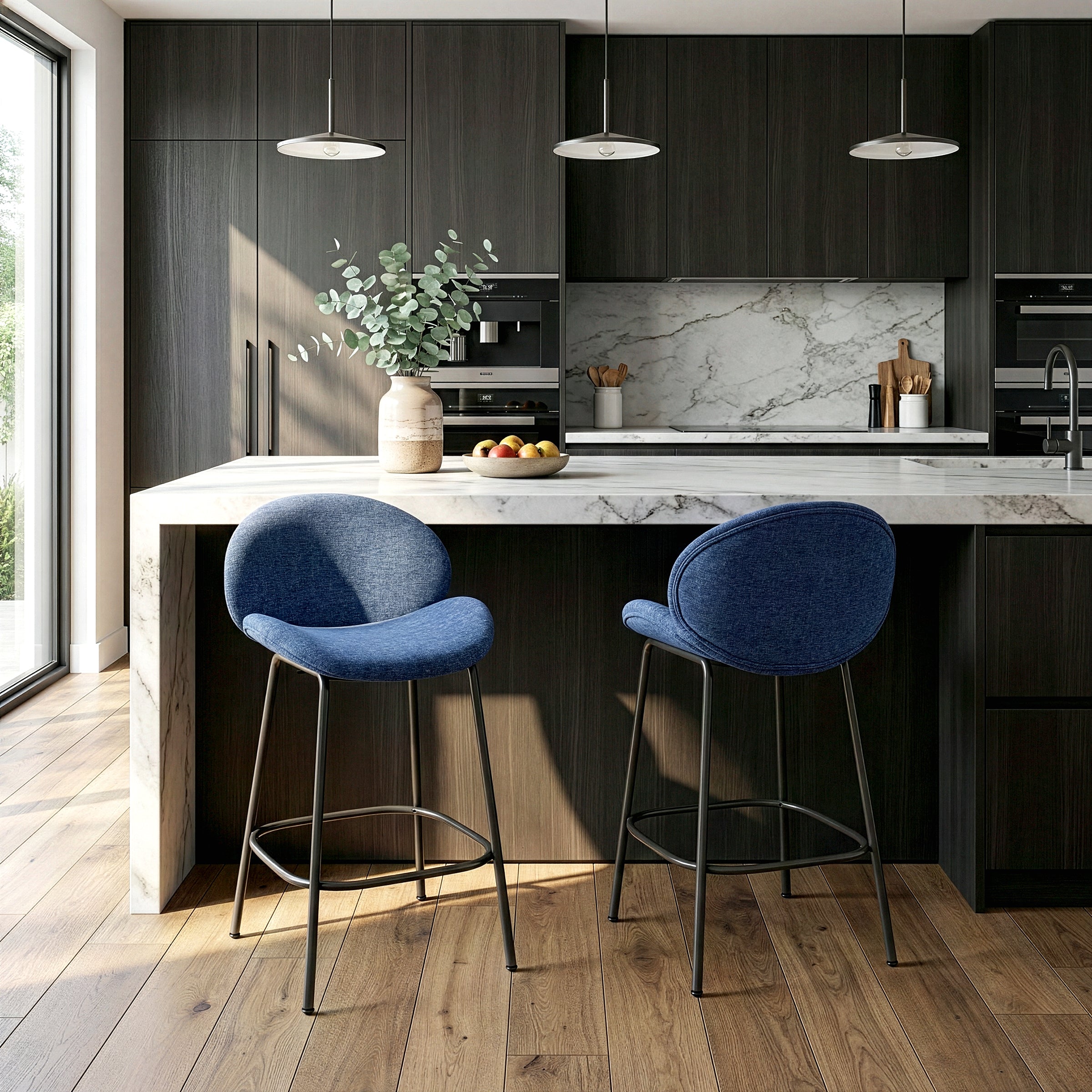 Set of 2 Benedetta Blue Linen Upholstered Fabric Counter Stool with Black Iron Legs