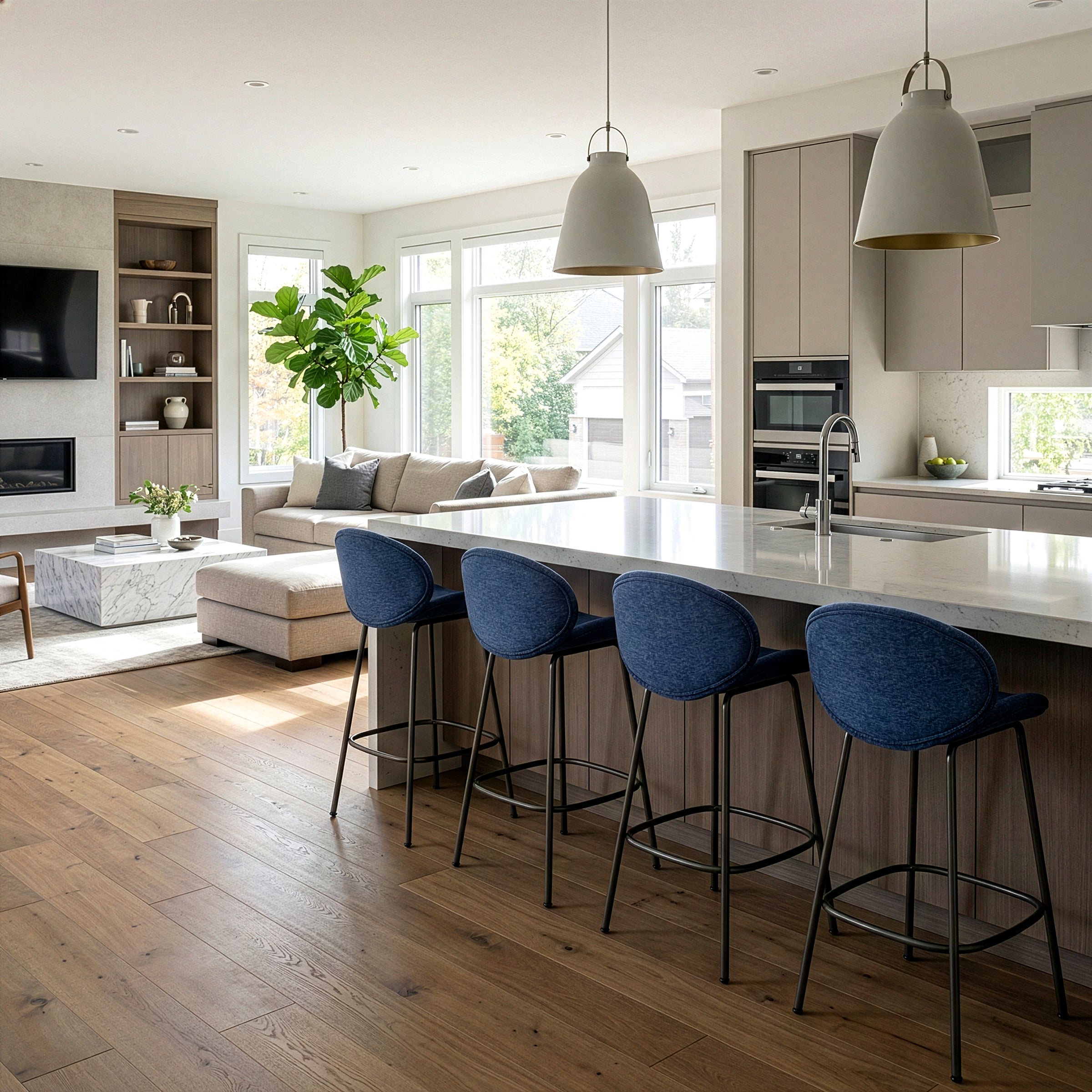 Set of 2 Benedetta Blue Linen Upholstered Fabric Counter Stool with Black Iron Legs