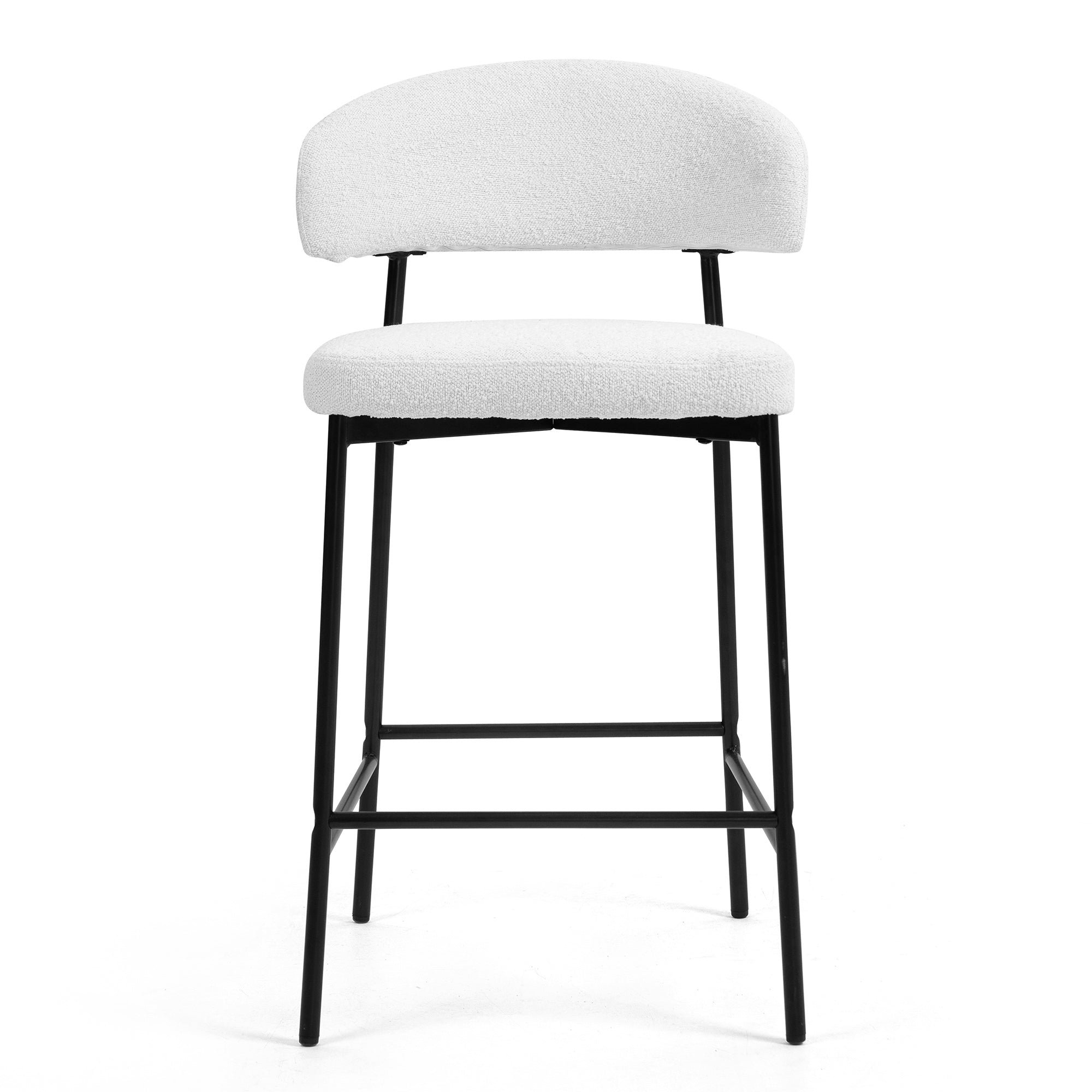 Set of 2 Bennett White Boucle Upholstered Fabric Counter Stool with Black Iron Legs