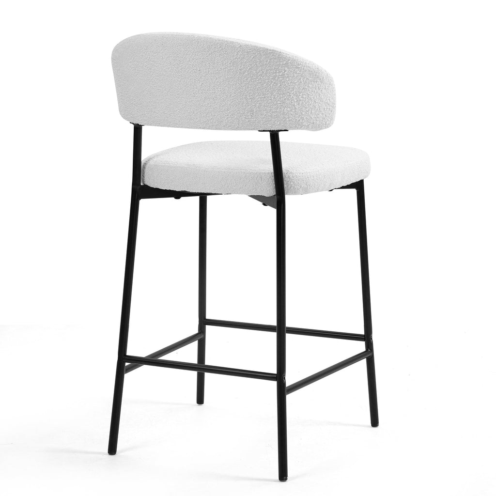Set of 2 Bennett White Boucle Upholstered Fabric Counter Stool with Black Iron Legs