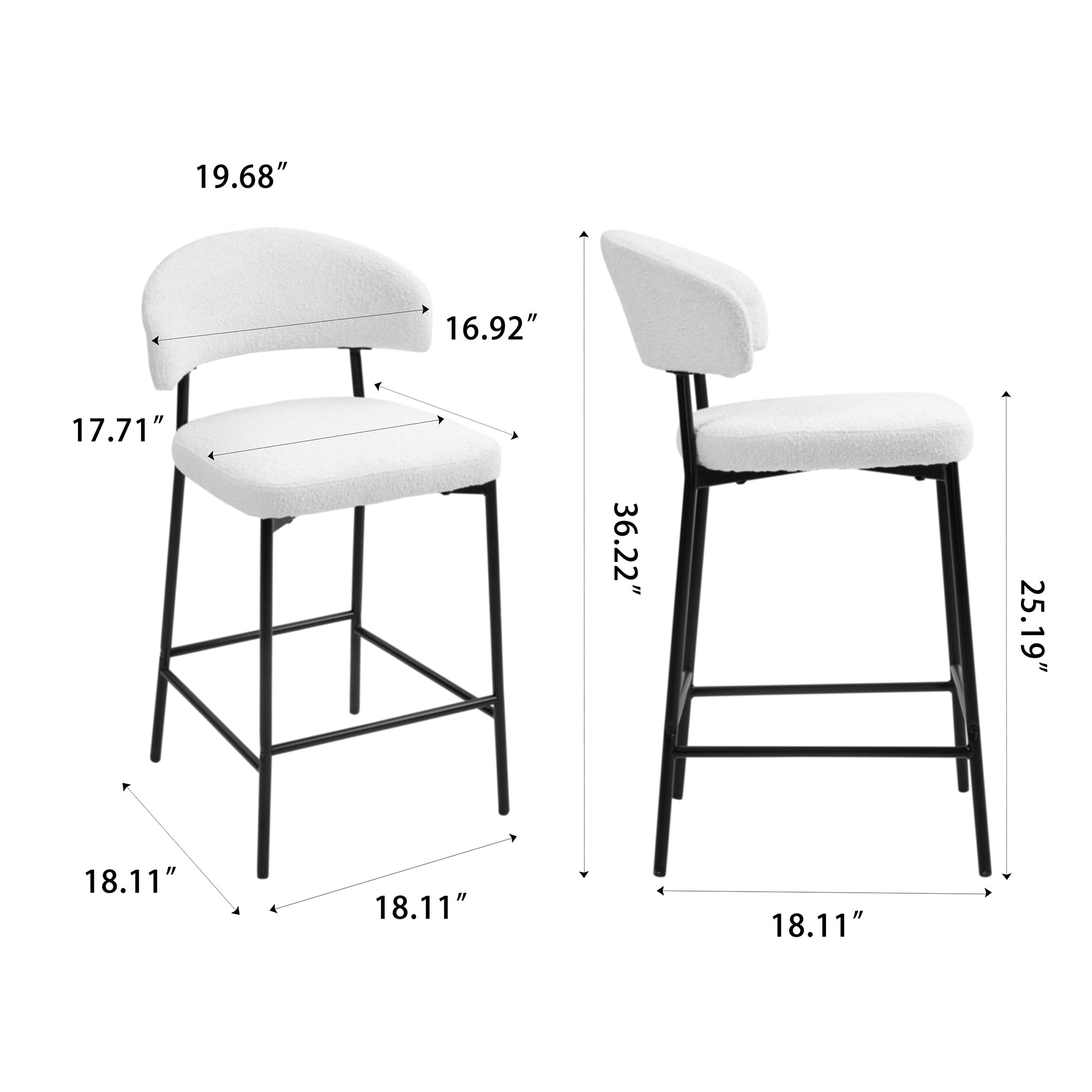 Set of 2 Bennett White Boucle Upholstered Fabric Counter Stool with Black Iron Legs