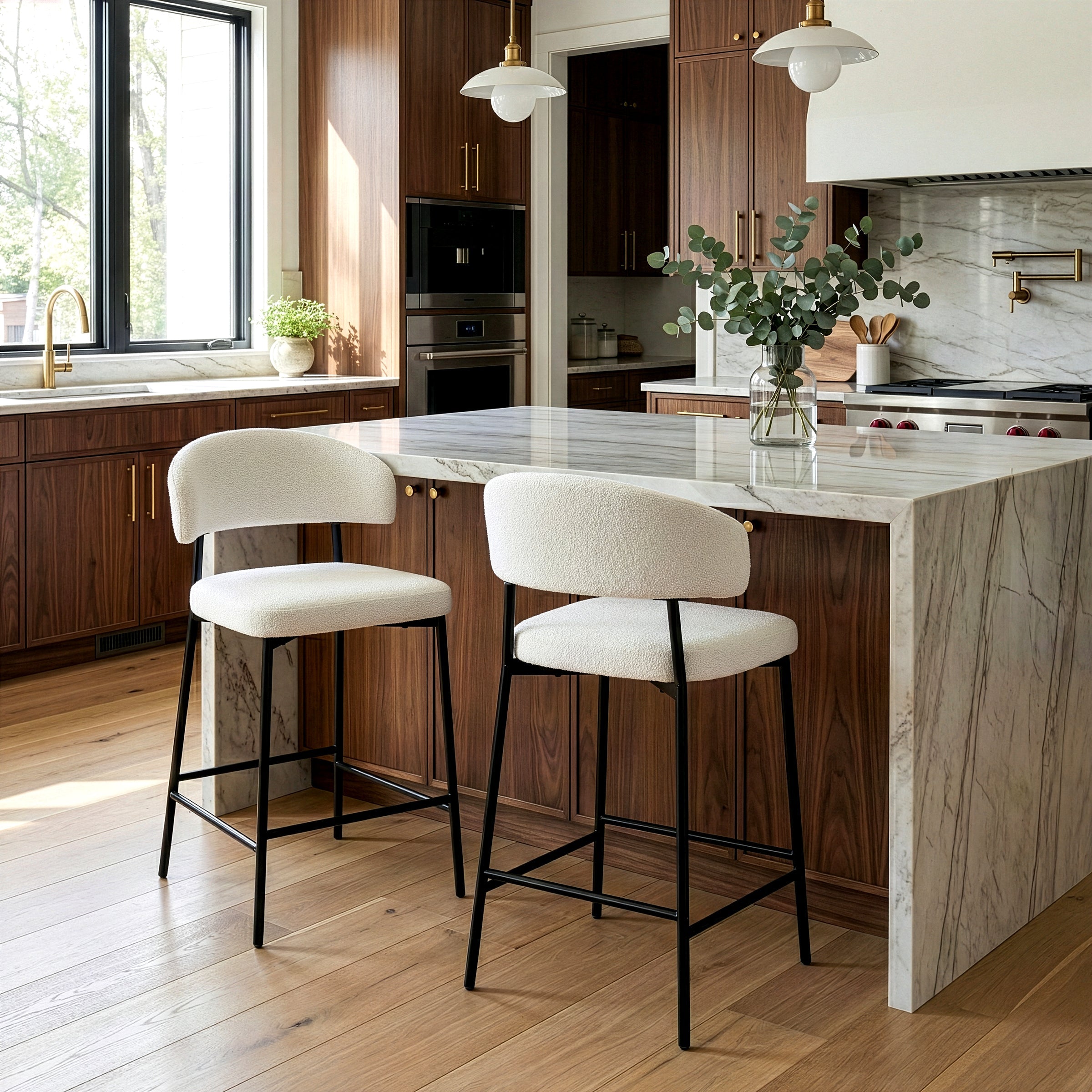 Set of 2 Bennett White Boucle Upholstered Fabric Counter Stool with Black Iron Legs