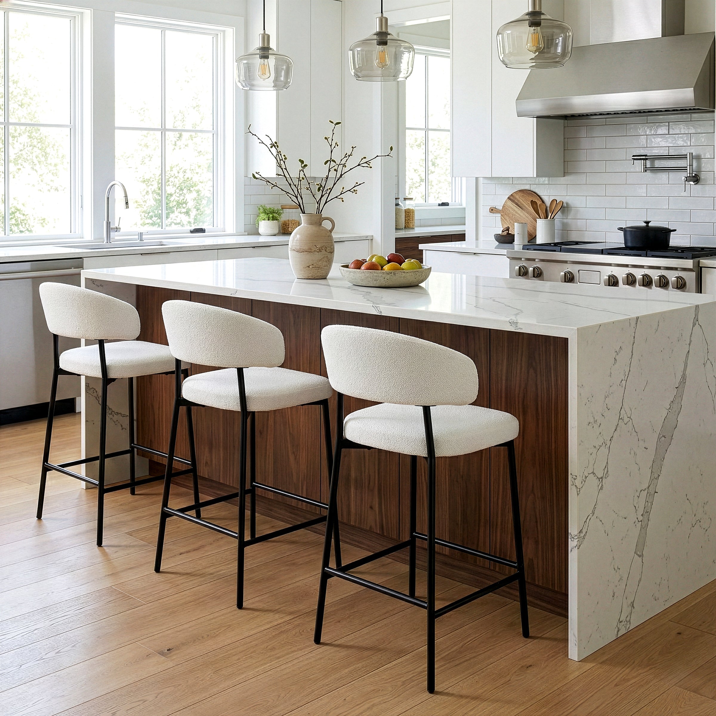 Set of 2 Bennett White Boucle Upholstered Fabric Counter Stool with Black Iron Legs