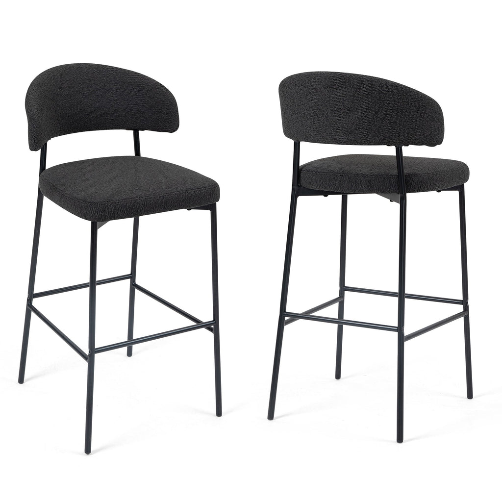 Set of 2 Bennett Black Boucle Upholstered Fabric Bar Stool with Black Iron Legs