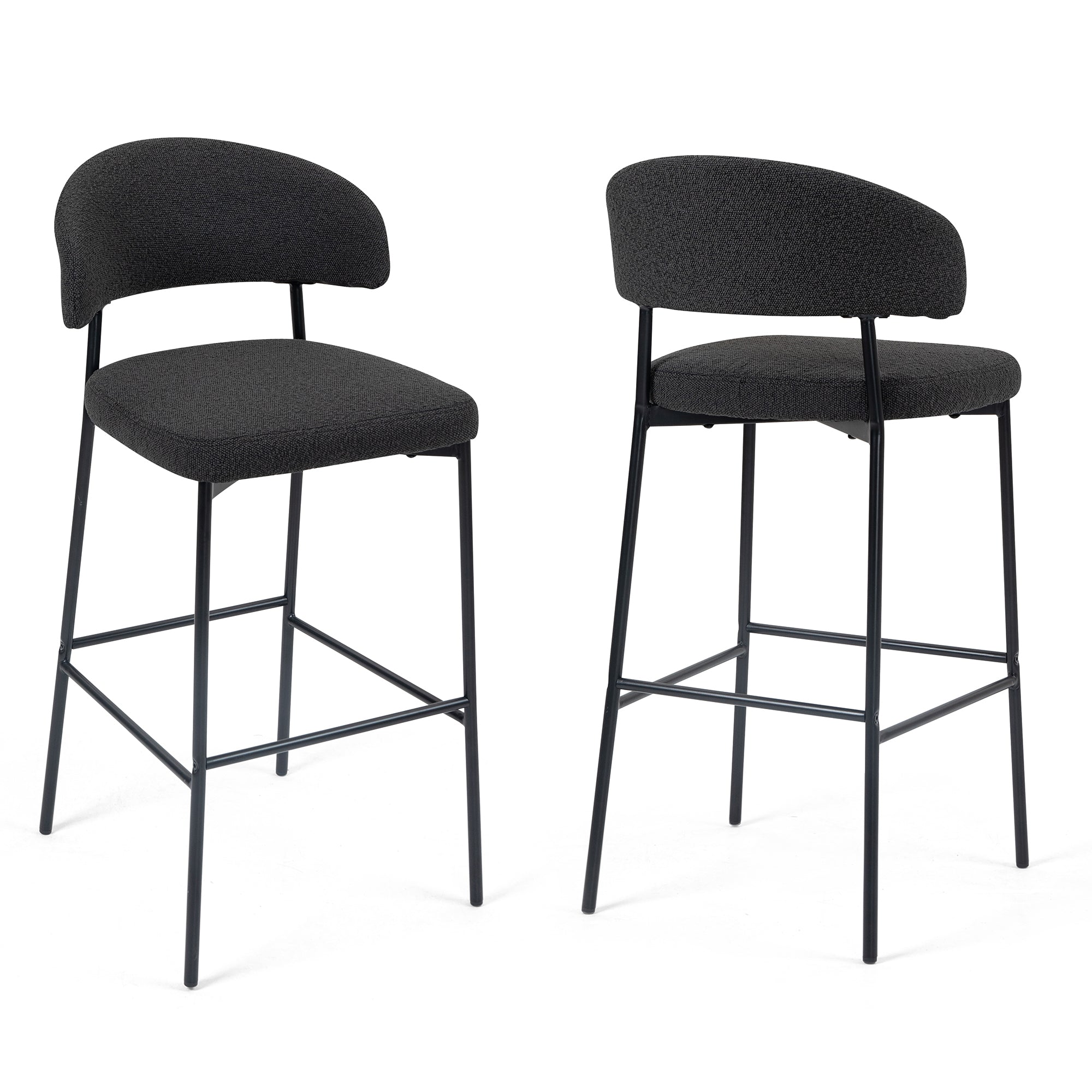 Set of 2 Bennett Black Boucle Upholstered Fabric Bar Stool with Black Iron Legs