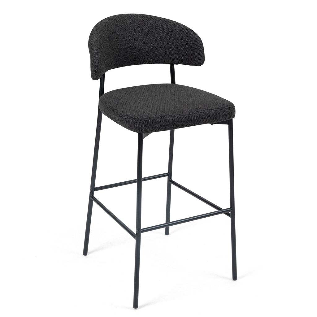 Set of 2 Bennett Black Boucle Upholstered Fabric Bar Stool with Black Iron Legs