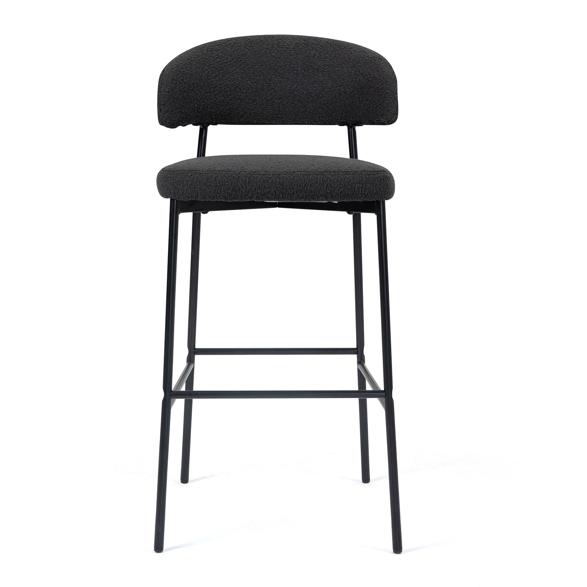Set of 2 Bennett Black Boucle Upholstered Fabric Bar Stool with Black Iron Legs