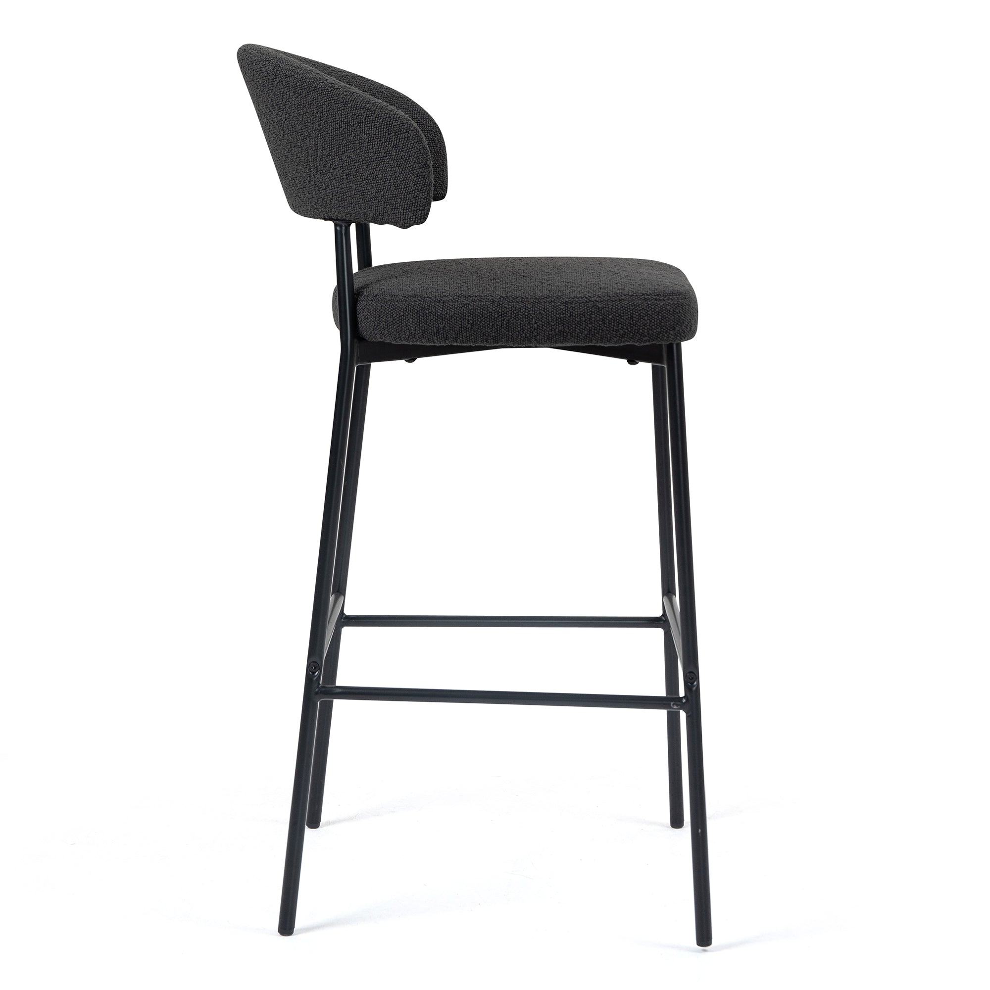 Set of 2 Bennett Black Boucle Upholstered Fabric Bar Stool with Black Iron Legs