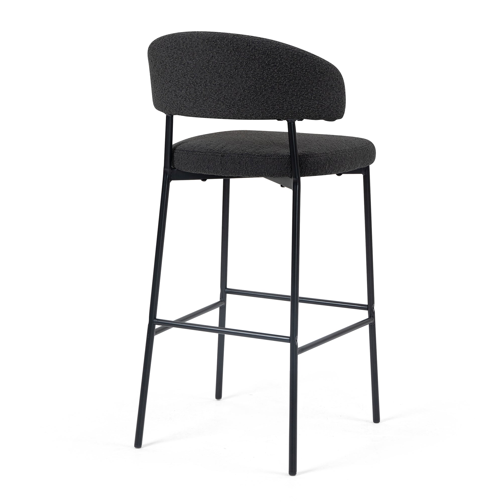 Set of 2 Bennett Black Boucle Upholstered Fabric Bar Stool with Black Iron Legs