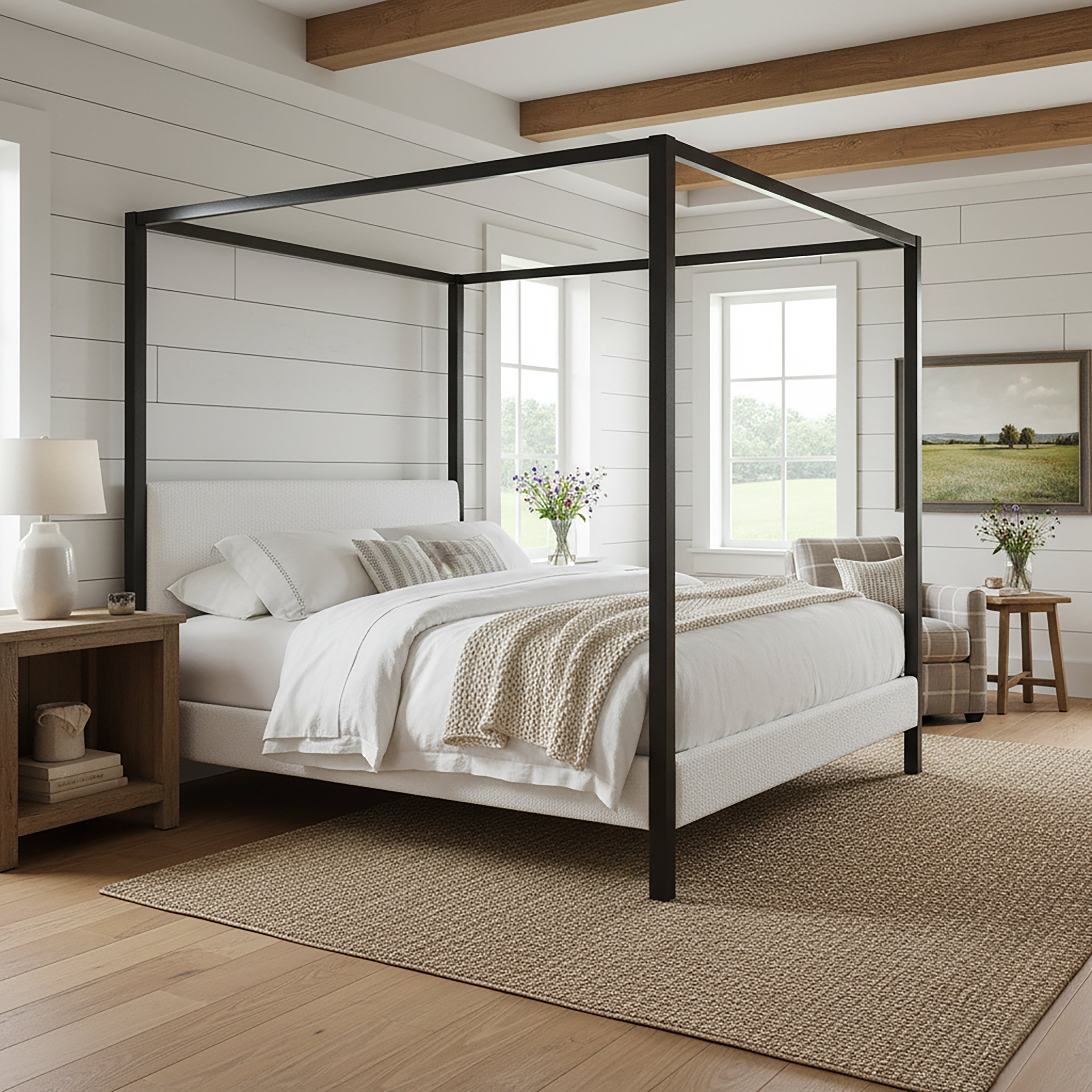 Beecher White Boucle Canopy King Bed with Iron Frame